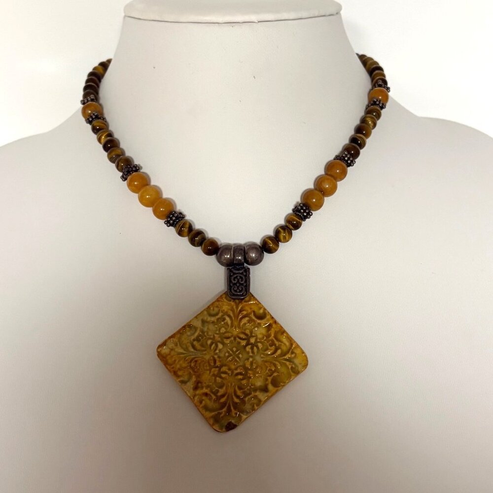 Tigers Eye Beaded Necklace Textured Square Pendant Boho Artisan Jewelry 18 in